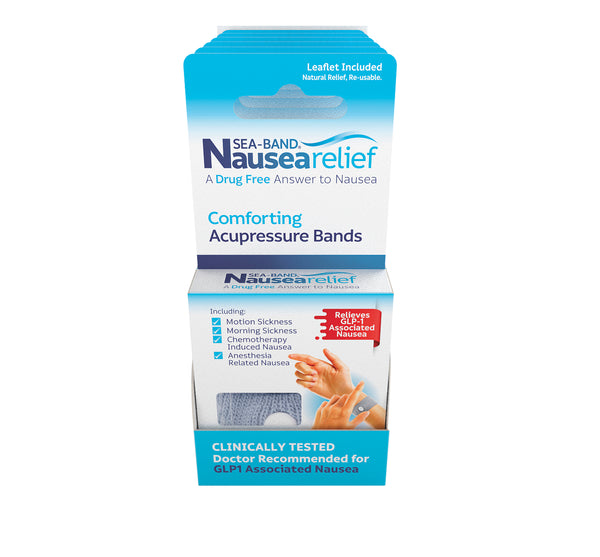A photo of a 6 piece counter display unit that includes 6 pairs of Sea-Band Nausea Relief adult bands for resale to your patients.