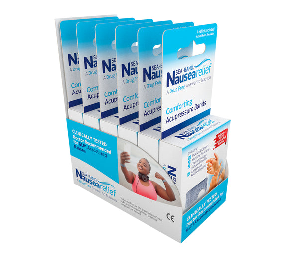 A photo of several boxes of sea-band nausea relief acupressure bands.